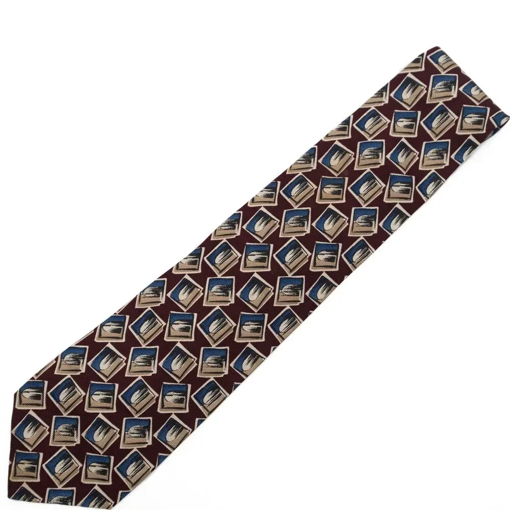 Hickey Freeman Collection Wine Burgundy Blue Geometric 100% Silk Necktie